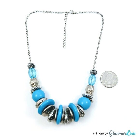 Blue & Silver Tone Slide Beads Statement Necklace - Picture 5 of 7